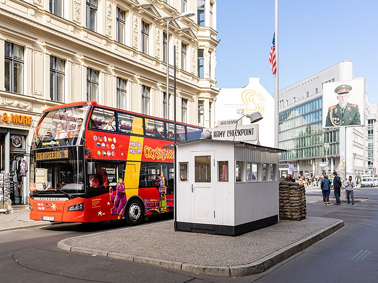 Hop on Hop off bus at Checkpoint Charlie