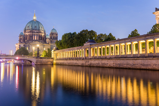 berlin cathedral river spree and alte nationalgalerie at night